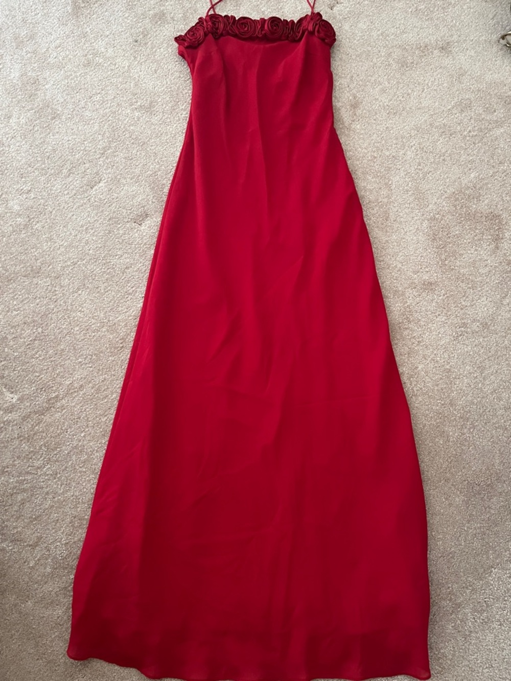 Red Floral Trim Spaghetti Strap Evening Dress